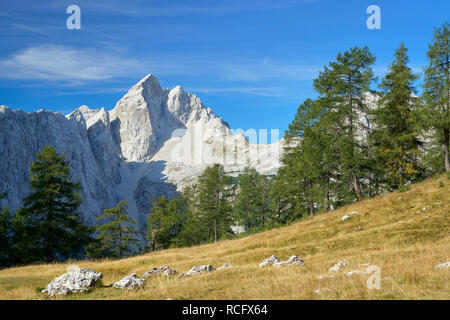 Vista di Jalovec da Slemenova spica nelle Alpi Giulie, Slovenia. Foto Stock