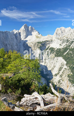 Vista di Jalovec da Slemenova spica nelle Alpi Giulie, Slovenia. Foto Stock