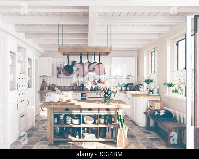 Cucina classica in primavera con sleeping cat. Il rendering 3D Foto Stock