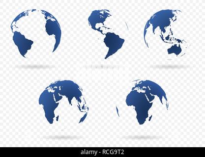 Set di terra icona a forma di globo in diverse viste. Altamente dettagliate immagini dei continenti con parti trasparenti. Illustrazione Vettoriale Illustrazione Vettoriale