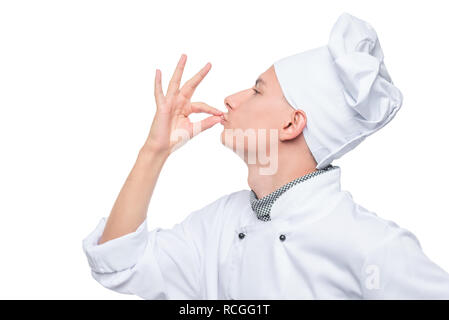 Il cuoco nel cappuccio fa un gesto perfettamente! Foto Stock