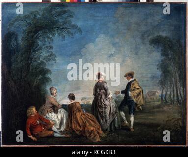 Un imbarazzante proposta. Museo: Membro Hermitage di San Pietroburgo. Autore: Watteau, Jean Antoine. Foto Stock