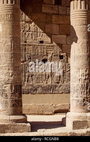 Assuan e il Tempio di Philae colonne scolpite con geroglifici in Egitto Afrtica Foto Stock