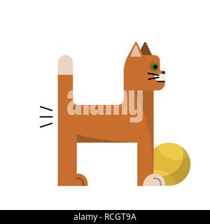 Il gatto arancione si staglia con una palla gialla. Animali domestici. Design piatto. Illustrazione vettoriale Illustrazione Vettoriale