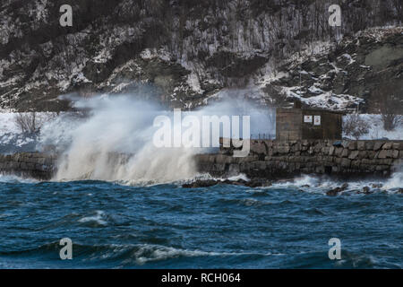 Tempesta di neve su Trondheimsfjorden, le onde che si infrangono sulla riva. Foto Stock