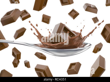 Tanti cubetti di cioccolato che ricade verso il basso. Uno sbattimento in un cucchiaio con cioccolato liquido. Su sfondo bianco. Percorso di clipping incluso. Foto Stock