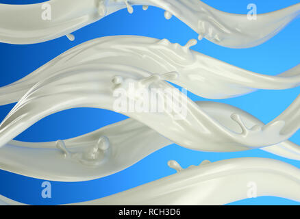 Latte o vernice bianca strisce onde con piccoli spruzzi. Su sfondo blu. Foto Stock