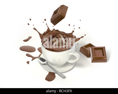 Due CUBETTI DI CIOCCOLATO schizzi in una tazza bianca con cioccolato liquido e splash. Con due altri cubi oltre e piccole piscine di cioccolato sul pavimento. Foto Stock