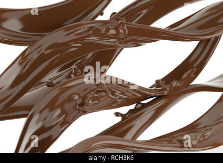 Il cioccolato liquido strisce onde con piccoli spruzzi. Su sfondo bianco. Percorso di clipping incluso. Foto Stock