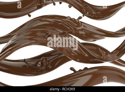 Il cioccolato liquido strisce onde con piccoli spruzzi. Orizzontale, su sfondo bianco. Percorso di clipping incluso. Foto Stock