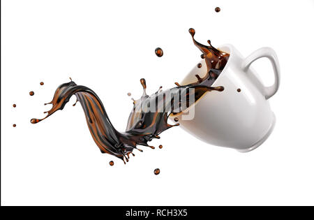 Caffè liquido schizzi d'onda fuori da una tazza bianca tazza, isolati su sfondo bianco. Percorso di clipping incluso. Foto Stock