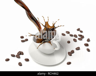 Caffè liquido versare e spruzzi di una tazza bianca sul piattino e cucchiaio, con alcuni chicchi di caffè intorno sul pavimento. Visto dal di sopra. Foto Stock