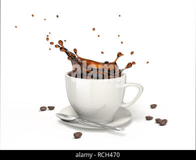 Liquido schizzi di caffè in una tazza bianca sul piattino e cucchiaio, con alcuni chicchi di caffè intorno sul pavimento. Percorso di clipping incluso. Foto Stock