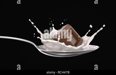 Cubo di cioccolato spruzzi di latte sul cucchiaio metallici. Isolato su sfondo nero. Vista ravvicinata. Foto Stock