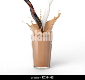 Caffè latte e versare in un bicchiere pieno di liquido miscelato con splash. Isolato su sfondo bianco. Percorso di clipping incluso. Foto Stock