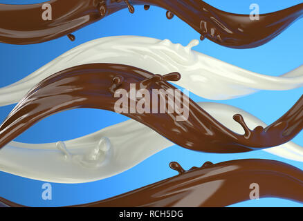 Il cioccolato liquido e latte strisce onde con piccoli spruzzi. Su sfondo blu. Foto Stock
