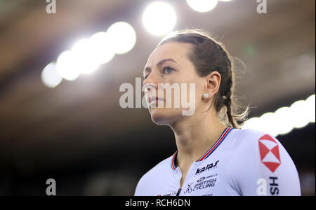 Katy Marchant di Gran Bretagna durante il giorno due di Tissot UCI di ciclismo su pista di Coppa del Mondo a Lee Valley VeloPark, Londra. Foto Stock