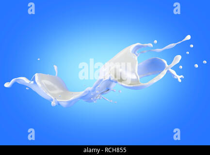 Colpo di latte splash wave in aria isolata su sfondo blu. Percorso di clipping incluso. Foto Stock