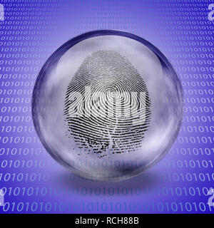 Impronta in sfera di vetro e il codice binario Foto Stock