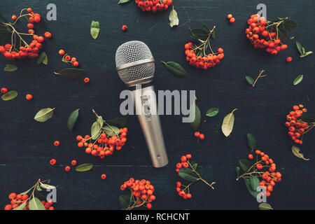 Microfono piatto superiore laici vista su sfondo scuro decorata con frutti di bosco la disposizione di frutta Foto Stock