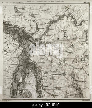 Mappa napoleonica. Città di Lipsia, in Sassonia, Germania. La battaglia delle nazioni o la battaglia di Lipsia ha avuto luogo nel 1813, nel contesto delle guerre napoleoniche, essendo la prima sconfitta francese. Atlas de l'Histoire du Consulat et de l'impero. La storia del consolato e l Impero di Francia sotto Napoleone da Marie Joseph Louis Adolphe Thiers (1797-1877). Disegni di Dufour, incisioni da Dyonnet. Edito in Parigi, 1864. Foto Stock