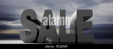 Grande vendita, il concetto del gioco. Testo di vendita grandi lettere su grigio sfondo con cielo nuvoloso, banner. 3d illustrazione Foto Stock