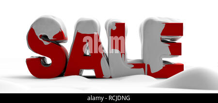 Inverno vendita concetto. Testo di vendita, grandi lettere rosse con neve isolati su sfondo bianco. 3d illustrazione Foto Stock