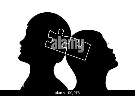 Silhouette di un giovane uomo e donna in amore con puzzle illustrazione vettoriale Illustrazione Vettoriale