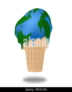 Il riscaldamento globale è illustrata con un punto di fusione cono gelato e il gelato sembra essere anche una mappa del globo terrestre. Si tratta di un'illustrazione. Foto Stock