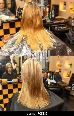 Parrucchiere professionale la tintura dei capelli del suo cliente in salone. Colore dei capelli prima e dopo la procedura. Messa a fuoco selettiva. Foto Stock