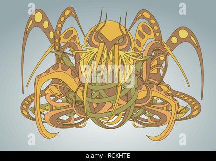 Modellata una creatura fantastica, divinità, demon o un animale che assomiglia a un ragno o un polipo, costituito da intrecci di oggetti flessibili. Tattoo design. È Illustrazione Vettoriale