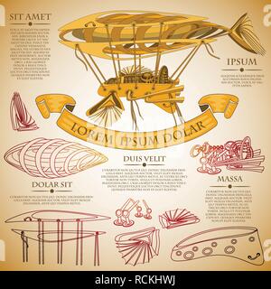 Fantastico dirigibile Zeppelin piano della carta. Il futuristico o steampunk tattoo design. Vettore isolato composizione pieghevole. Illustrazione Vettoriale