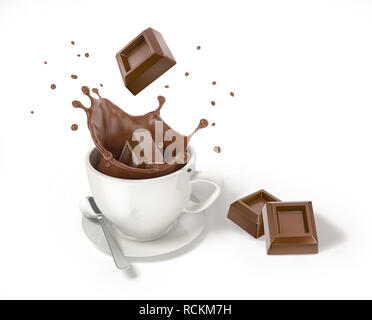 Cubo di cioccolato di cadere in una tazza bianca con cioccolato liquido splash. Due altri cubi oltre a. Su sfondo bianco. Foto Stock