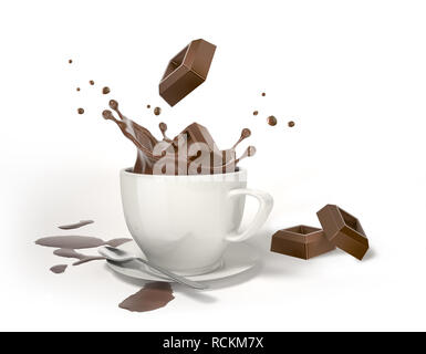 Due CUBETTI DI CIOCCOLATO schizzi in una tazza bianca con cioccolato liquido e splash. Con due altri cubi oltre e piccole piscine di cioccolato sul pavimento. Foto Stock