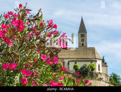 Vista di primavera della Chiesa del villaggio idilliaco di Cortaccia ( Kurtatsch an der Weinstrasse ). Cortaccia si estende sul lato soleggiato della strada del vino. Foto Stock