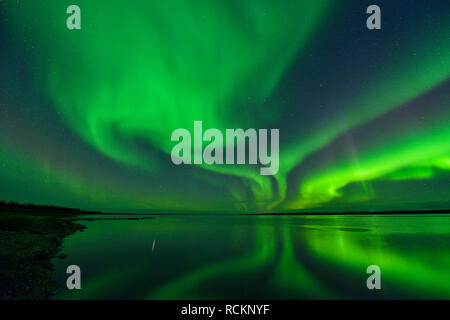 Aurora boreale (Northern lights) nel cielo notturno sopra il fiume Mackenzie con il Deh Cho Bridge, Fort Providence, Northwest Territories, Canada Foto Stock