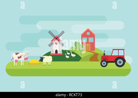 Agricoltura e allevamento. Paesaggio rurale. Illustrazione Vettoriale Illustrazione Vettoriale