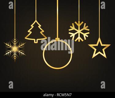 Sfondo di festa con golden PALLA DI NATALE, CHRISTMAS TREE, star e fiocchi di neve. Illustrazione Vettoriale. Messaggio di saluto festivo Illustrazione Vettoriale