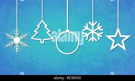 Festive sfondo blu CON PALLA DI NATALE, CHRISTMAS TREE, star e fiocchi di neve. Illustrazione Vettoriale. Messaggio di saluto festivo Illustrazione Vettoriale