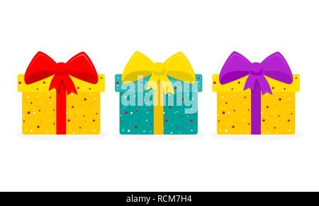 Carino confezioni regalo in design piatto. Illustrazione Vettoriale. Set di colorate scatole regalo isolato su sfondo bianco Illustrazione Vettoriale