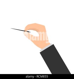 Mano umana con ago e filo in design piatto. Illustrazione Vettoriale. Ago in mano Illustrazione Vettoriale