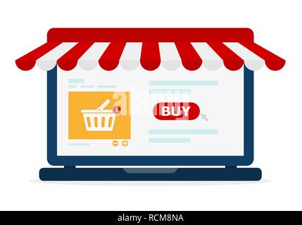 Semplice aprire il computer portatile con schermo di acquistare, in design piatto. Illustrazione Vettoriale. Il concetto di shopping online Illustrazione Vettoriale