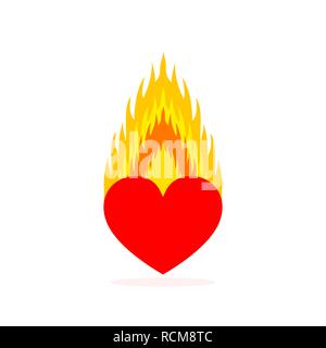 Cuore in fiamme, isolati su sfondo bianco. Cuore in fiamme, in design piatto. Illustrazione Vettoriale Illustrazione Vettoriale