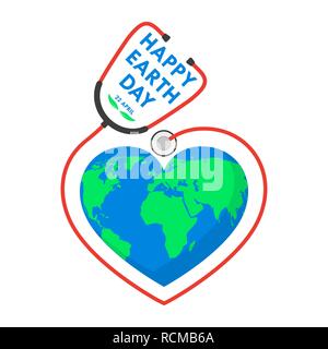 Felice Giornata della Terra logo con uno stetoscopio in design piatto. Illustrazione Vettoriale. Felice Giornata della Terra, concetto di ecologia. Illustrazione Vettoriale