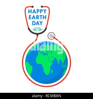 Felice Giornata della Terra logo con uno stetoscopio in design piatto. Illustrazione Vettoriale. Felice Giornata della Terra, concetto di ecologia. Illustrazione Vettoriale