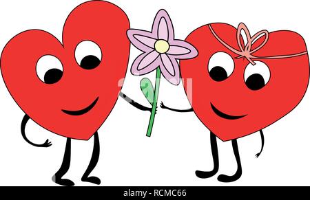 Coppia di cuori in amore e in un paio di cartone animato cuore hanno una data insieme, il giorno di san valentino, sorridente e dando un fiore Illustrazione Vettoriale
