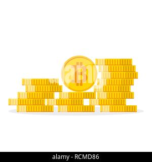 Cumulo di golden bitcoins in design piatto. Illustrazione Vettoriale. Bitcoin concetto di crescita Illustrazione Vettoriale