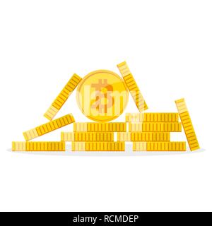 Cumulo di golden bitcoins in design piatto. Illustrazione Vettoriale. Bitcoin concetto di crescita Illustrazione Vettoriale