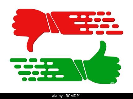 Pollice in su e in giù dei segni nel design piatto. Illustrazione Vettoriale. Simili e antipatia concetto. Illustrazione Vettoriale