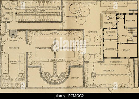 . Die Gartenwelt. Il giardinaggio. Gartentor und Gartenhaus harmonisch vereint, uomo vom Fenster aus ungehindert auf die blühenden Ra- batten sieht. Im Norden erweitert er sich zu einem Sitz- Platz der in Fliesen gefaßt ist. Blumenrabatten seitlich begleiten die Hecken. Plastiken, auf Postamenten angeordnet, bilden den Abschluß der seitlichen Rabatten steigern und die architektonische Wirkung des gesamten Gartenraumes. Weiter schließt sich ein Kinderspielplatz un. Blumenbeete sind hier auch für die Kinder vorgesehen. Das Gartenhaus gibt durch zwei Eingänge Verbindung zwischen Spielplatz und Zugangsw Foto Stock
